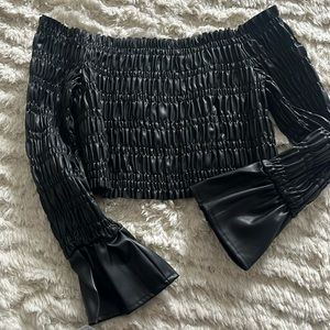 Black faux leather off shoulder top